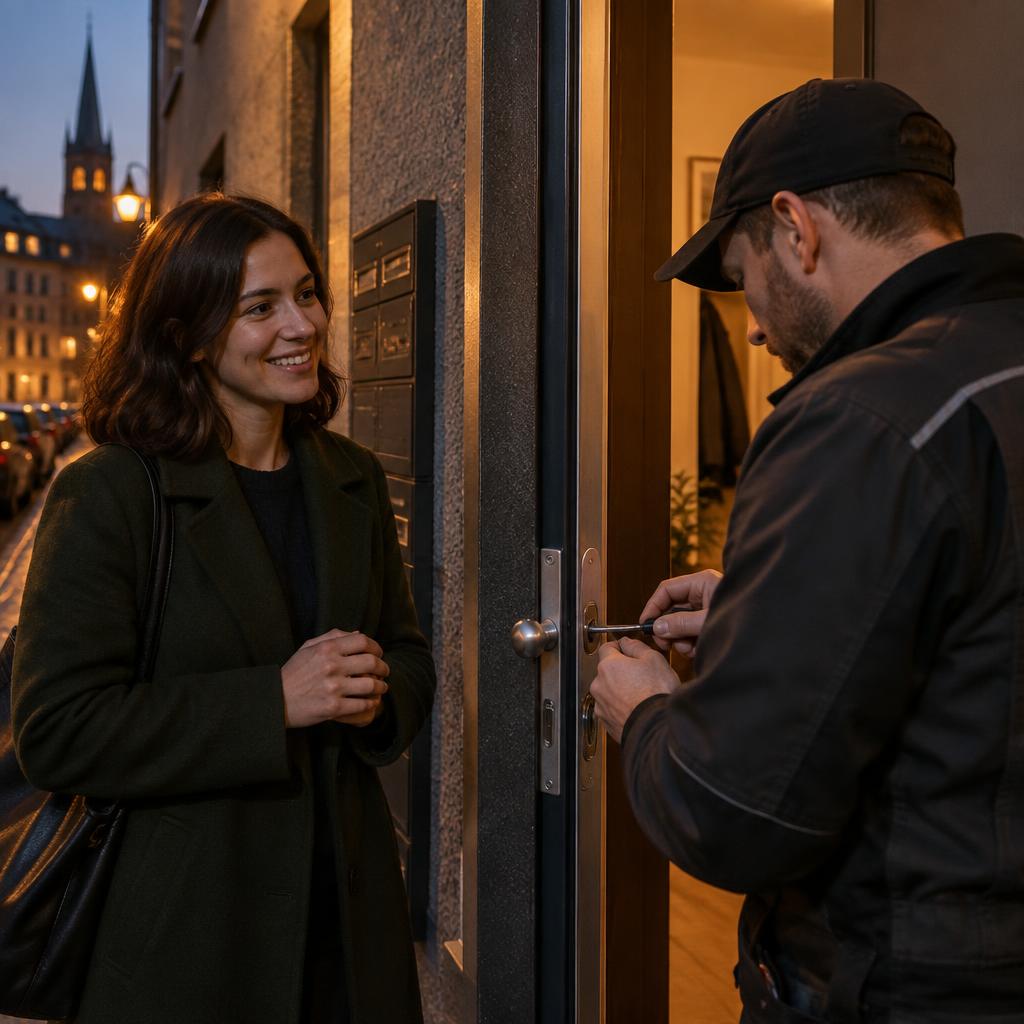 Ein Schlüsseldienst öffnet die Tür und die Kundin lächelt erleichtert